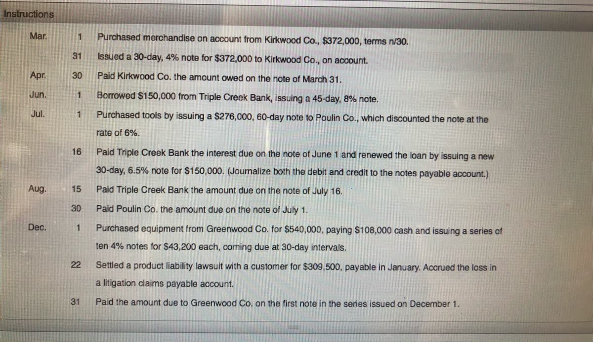 Instructions
Mar.
Purchased merchandise on account from Kirkwood Co., $372,000, terms n/30.
1
31
Issued a 30-day, 4% note for $372,000 to Kirkwood Co., on account.
Apr.
30
Paid Kirkwood Co. the amount owed on the note of March 31.
Jun.
Borrowed $150,000 from Triple Creek Bank, issuing a 45-day, 8% note.
1
Jul.
1.
Purchased tools by issuing a $276,000, 60-day note to Poulin Co., which discounted the note at the
rate of 6%.
16
Paid Triple Creek Bank the interest due on the note of June 1 and renewed the loan by issuing a new
30-day, 6.5% note for $150,000. (Journalize both the debit and credit to the notes payable account.)
Aug.
15
Paid Triple Creek Bank the amount due on the note of July 16.
30
Paid Poulin Co. the amount due on the note of July 1.
Dec.
Purchased equipment from Greenwood Co. for $540,000, paying $108,000 cash and issuing a series of
ten 4% notes for $43,200 each, coming due at 30-day intervals.
22
Settled a product liability lawsuit with a customer for $309,500, payable in January. Accrued the loss in
a litigation claims payable account.
31
Paid the amount due to Greenwood Co. on the first note in the series issued on December 1.
