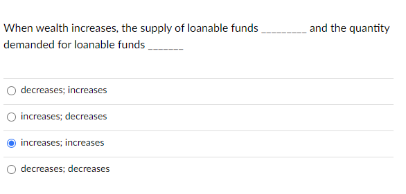 When wealth increases, the supply of loanable funds
demanded for loanable funds
decreases; increases
increases; decreases
increases; increases
decreases; decreases
and the quantity