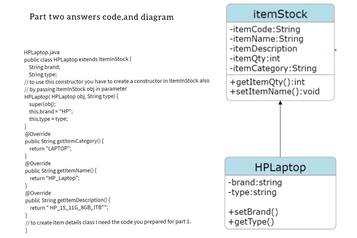 Part two answers code, and diagram
HPLaptop.java
public class HPLaptop extends ItemInStock {
String brand;
String type;
// to use this constructor you have to create a constructor in ItemInStock also
// by passing ItemInStock obj in parameter
HPLaptop (HPLaptop obj, String type) {
super(obj);
this.brand = "HP";
this.type = type;
}
@Override
public String getItemCategory() {
return "LAPTOP";
}
}
@Override
public String getItemName() {
return "HP_Laptop";
@Override
public String getItem Description() {
return " HP_15_11G_8GB_ITB"";
}
// to create item details class I need the code you prepared for part 1.
}
itemStock
-itemCode: String
-itemName: String
-item Description
-itemQty:int
-itemCategory: String
+getItemQty(): int
+setItemName():void
HPLaptop
-brand:string
-type:string
+setBrand()
+getType()