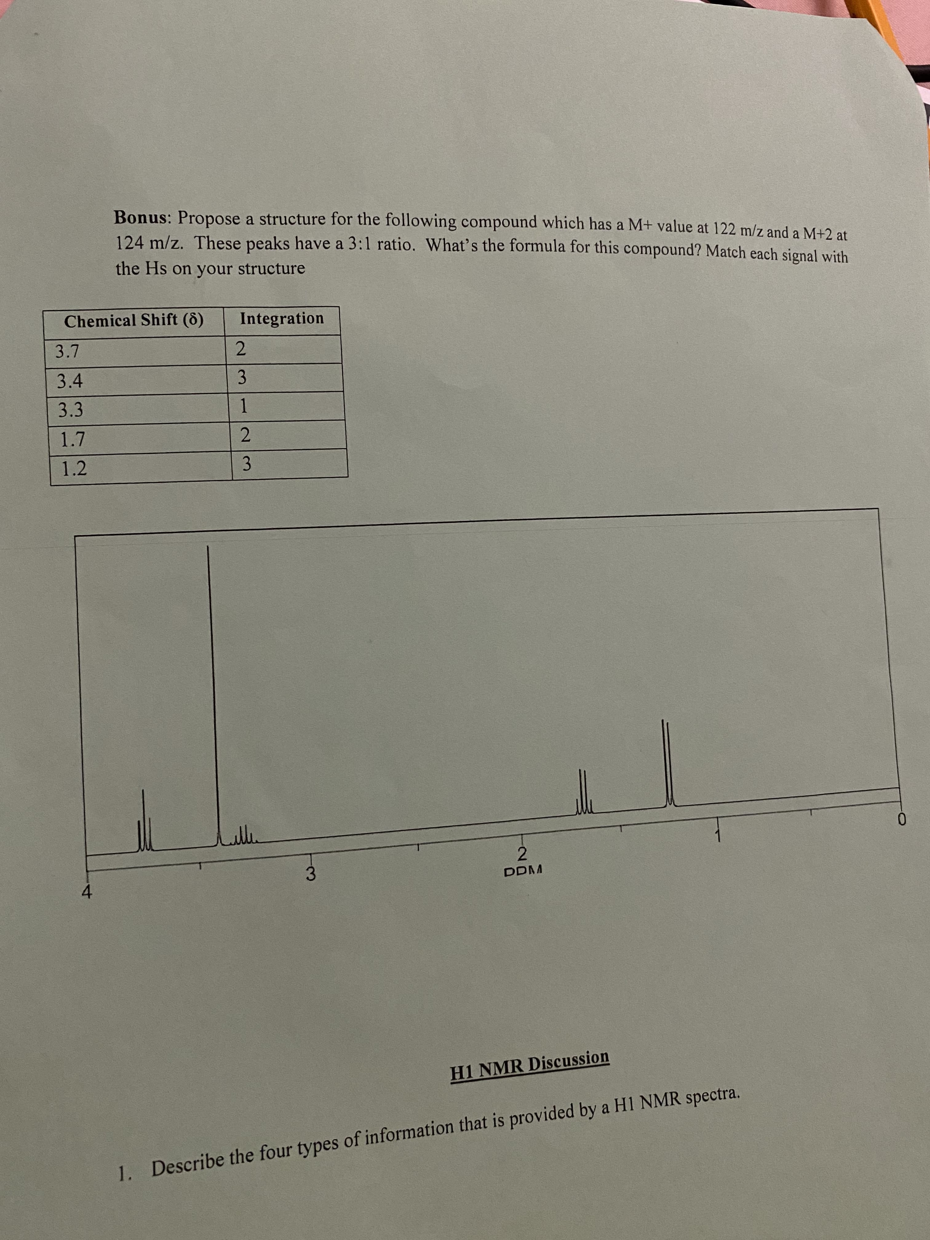 23
Bonus: Propose a structure for the following compound which has a M+ value at 122 m/z and a M+2 at
124 m/z. These peaks have a 3:1 ratio. What's the formula for this compound? Match each signal with
the Hs on your structure
Chemical Shift (8)
Integration
2.
3.4
3.
3.3
1.
1.2
0.
3.
DDM
4.
H1 NMR Discussion
1. Describe the four types of information that is provided by a H1 NMR spectra.
