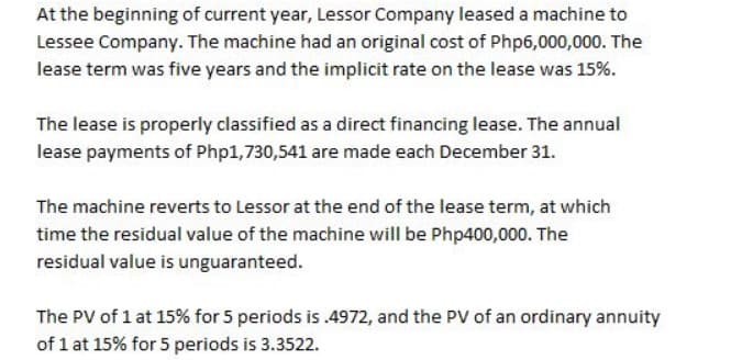 At the beginning of current year, Lessor Company leased a machine to
Lessee Company. The machine had an original cost of Php6,000,000. The
lease term was five years and the implicit rate on the lease was 15%.
The lease is properly classified as a direct financing lease. The annual
lease payments of Php1,730,541 are made each December 31.
The machine reverts to Lessor at the end of the lease term, at which
time the residual value of the machine will be Php400,000. The
residual value is unguaranteed.
The PV of 1 at 15% for 5 periods is .4972, and the PV of an ordinary annuity
of 1 at 15% for 5 periods is 3.3522.
