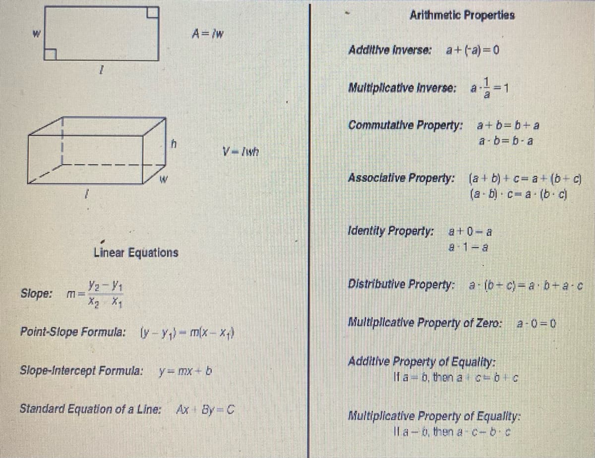 Slope: M=
I
W
Y₂-V₁
Linear Equations
h
A = /w
Point-Stope Formula: (y-y₁)-m(x-x₁)
Standard Equation of a Line:
Slope-Intercept Formula: y=mx-b
Arithmetic Properties
Additive inverse: a + (-a)=0
Multiplicative Inverse:
-1=1
8
Commutative Property: a+b=b+a
a-b=b-a
Associative Property: (a + b)+c= a + (b + c)
(a b) c-a-(b. c)
Identity Property: a +0-a
Distributive Property: a-(b+c)-a.b+a:c
Multiplicative Property of Zero: 2-0-0
Additive Property of Equality:
If a - b, then a COC
Multiplicative Property of Equality:
Ila-o, then a c-b.c