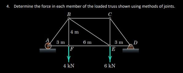 4. Determine the force in each member of the loaded truss shown using methods of joints.
B
C
A
3 m
4 m
F
4 kN
6 m
3 m
E
6 kN
D