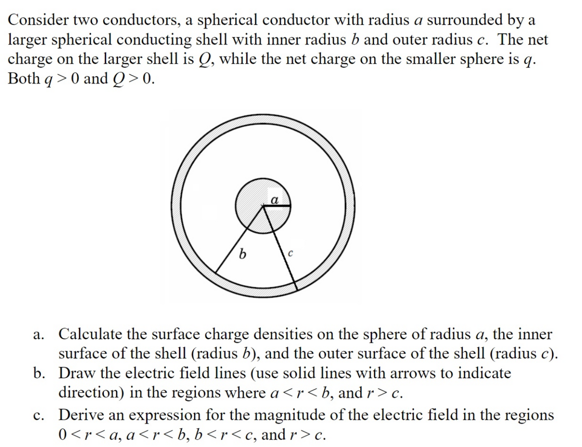 Consider two conductors, a spherical conductor with radius a surrounded by a
larger spherical conducting shell with inner radius b and outer radius c. The net
charge on the larger shell is Q, while the net charge on the smaller sphere is q.
Both q> 0 andQ>0.
a. Calculate the surface charge densities on the sphere of radius a, the inner
surface of the shell (radius b), and the outer surface of the shell (radius c).
b. Draw the electric field lines (use solid lines with arrows to indicate
direction) in the regions where a<r<b, and r >c.
c. Derive an expression for the magnitude of the electric field in the regions
0 <r< a, a<r < b, b< r < c, and r> c.
