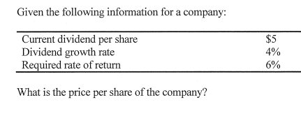 Given the following information for a company:
Current dividend per share
Dividend growth rate
Required rate of return
What is the price per share of the company?
$5
4%
6%