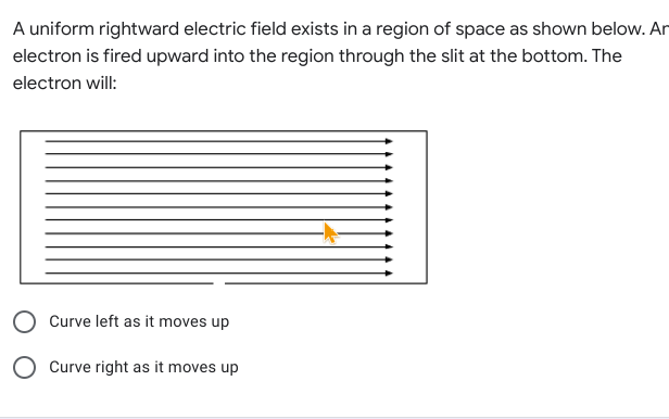 A uniform rightward electric field exists in a region of space as shown below. An
electron is fired upward into the region through the slit at the bottom. The
electron will:
Curve left as it moves up
Curve right as it moves up
