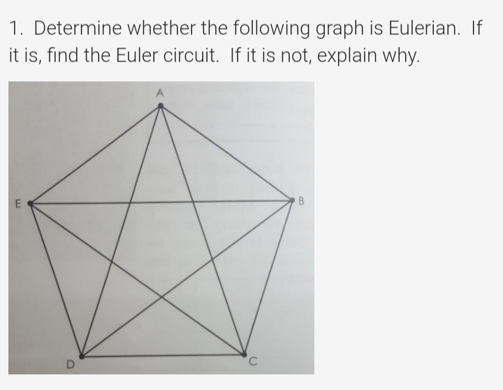 1. Determine whether the following graph is Eulerian. If
it is, find the Euler circuit. If it is not, explain why.
B
