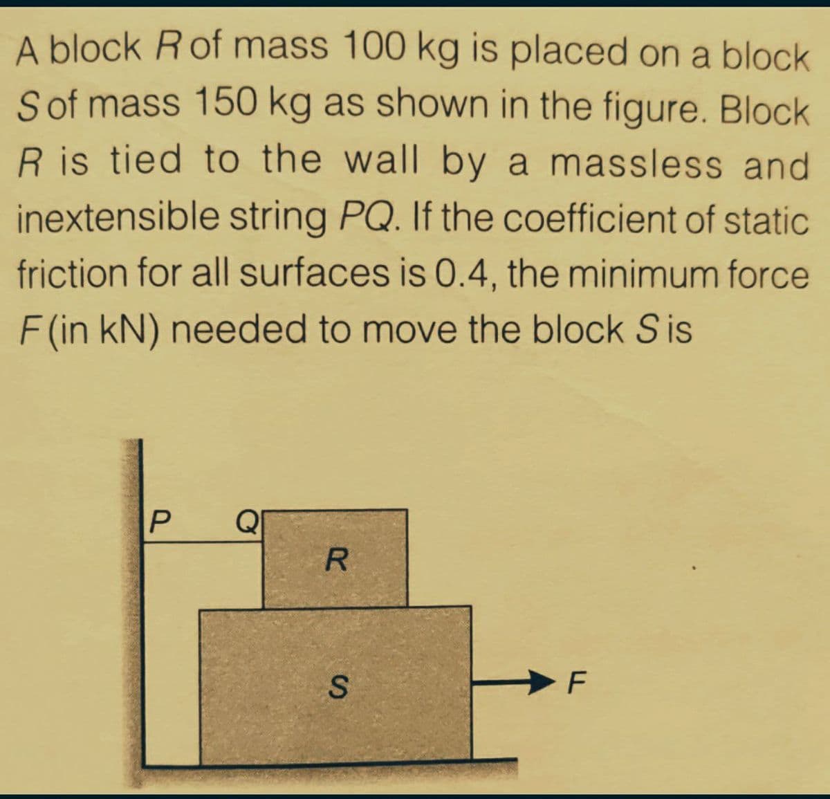 A block R of mass 100 kg is placed on a block
Sof mass 150 kg as shown in the figure. Block
R is tied to the wall by a massless and
inextensible string PQ. If the coefficient of static
friction for all surfaces is 0.4, the minimum force
F (in kN) needed to move the block S is
Q
R
P.
