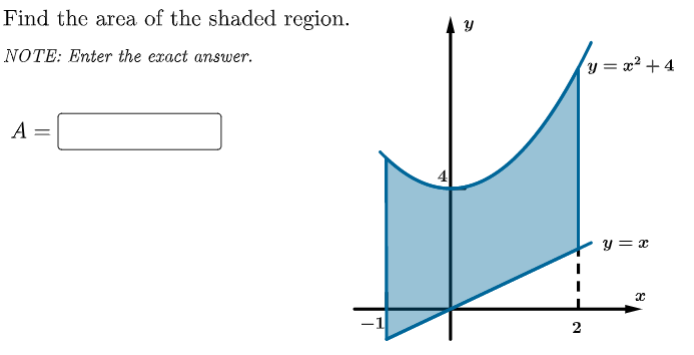 Find the area of the shaded region.
NOTE: Enter the exact answer.
y = x² +4
A =
4
y = x
2
