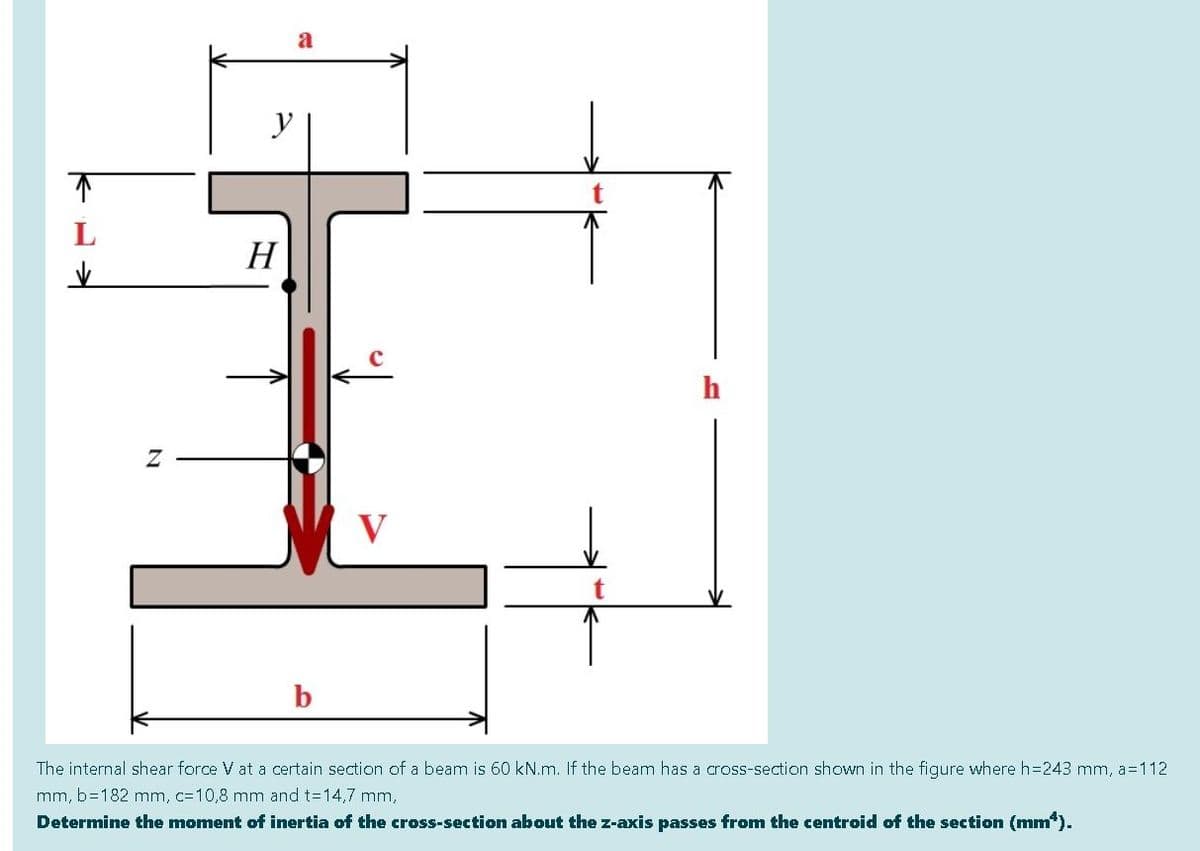 a
y
H
h
b
The internal shear force V at a certain section of a beam is 60 kN.m. If the beam has a cross-section shown in the figure where h=243 mm, a=112
mm, b=182 mm, c=10,8 mm and t=14,7 mm,
Determine the moment of inertia of the cross-section about the z-axis passes from the centroid of the section (mm*).
