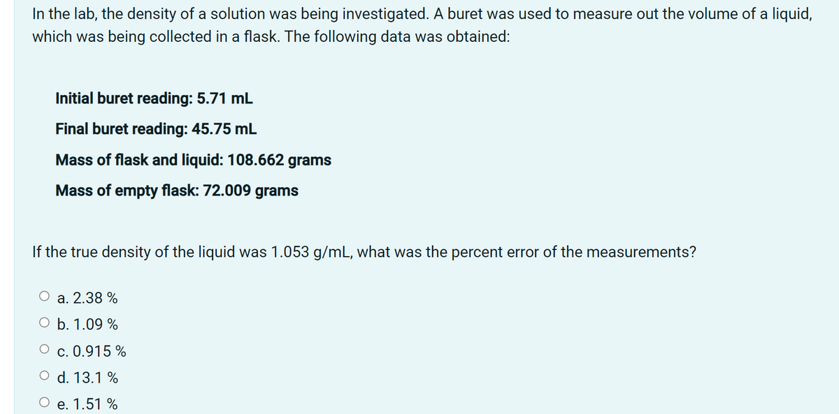 In the lab, the density of a solution was being investigated. A buret was used to measure out the volume of a liquid,
which was being collected in a flask. The following data was obtained:
Initial buret reading: 5.71 mL
Final buret reading: 45.75 mL
Mass of flask and liquid: 108.662 grams
Mass of empty flask: 72.009 grams
If the true density of the liquid was 1.053 g/mL, what was the percent error of the measurements?
a. 2.38%
b. 1.09%
c. 0.915 %
O d. 13.1 %
e. 1.51 %