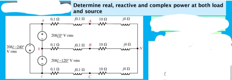 Determine real, reactive and complex power at both load
and source
0.1 N
j0.1 N
10N
j4 N
a
ww
208/0° V rms
0.1 0
j0.1 N B
10Ω
j4 2
208/-240°
V rms
208/–120° V rms
0.1 2
j0.1 N
10 N
j4 N
