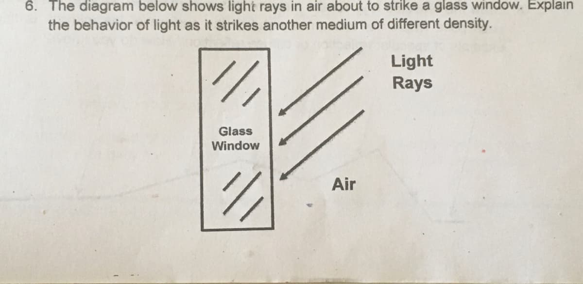 6. The diagram below shows light rays in air about to strike a glass window. Explain
the behavior of light as it strikes another medium of different density.
Light
Rays
Glass
Window
Air
