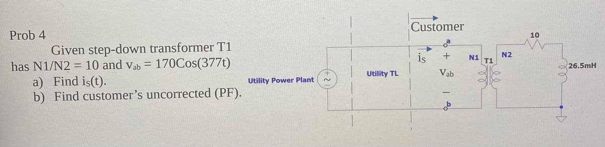 Customer
Prob 4
10
Given step-down transformer T1
has N1/N2 = 10 and vab = 170COS(377t)
a) Find is(t).
b) Find customer's uncorrected (PF).
N2
is
N1
T1
26.5mH
Utility TL
Vab
Utility Power Plant
-
