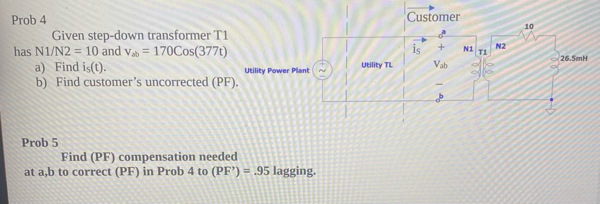 Prob 4
Customer
10
Given step-dowWn transformer T1
has N1/N2 = 10 and vab = 170Cos(377t)
a) Find is(t).
b) Find customer's uncorrected (PF).
is
N2
N1
T1
26.5mH
Utility TL
Vab
Utility Power Plant
Prob 5
Find (PF) compensation needed
at a,b to correct (PF) in Prob 4 to (PF’) = .95 lagging.
(12)
