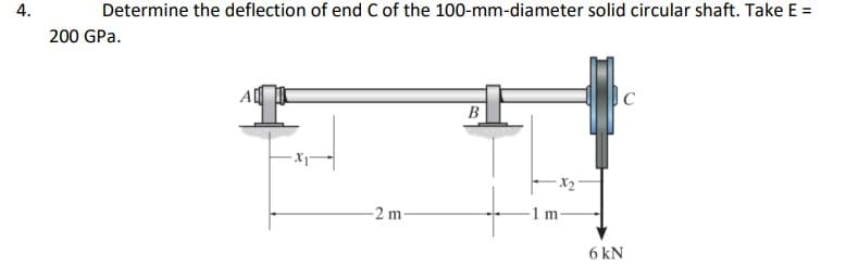 4.
Determine the deflection of end C of the 100-mm-diameter solid circular shaft. Take E =
200 GPa.
C
B
-2 m
1 m-
6 kN
