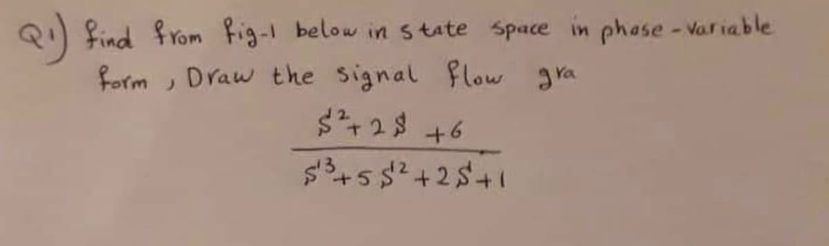 Q₁) find from fig-1 below in state space in phase-variable
form, Draw the signal flow gra
$²+2 $ +6
5¹³ +55¹ ²+25+1