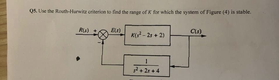 Q5. Use the Routh-Hurwitz criterion to find the range of K for which the system of Figure (4) is stable.
R(s) +
E(s)
K(S²-25 + 2)
1
5² + 25 +4
C(s)