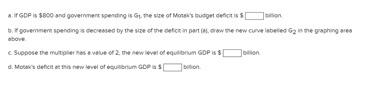 a. If GDP is $800 and government spending is G₁, the size of Motak's budget deficit is $
b. If government spending is decreased by the size of the deficit in part (a), draw the new curve labelled G2 in the graphing area
above.
c. Suppose the multiplier has a value of 2, the new level of equilibrium GDP is $
d. Motak's deficit at this new level of equilibrium GDP is $
billion.
billion.
billion.