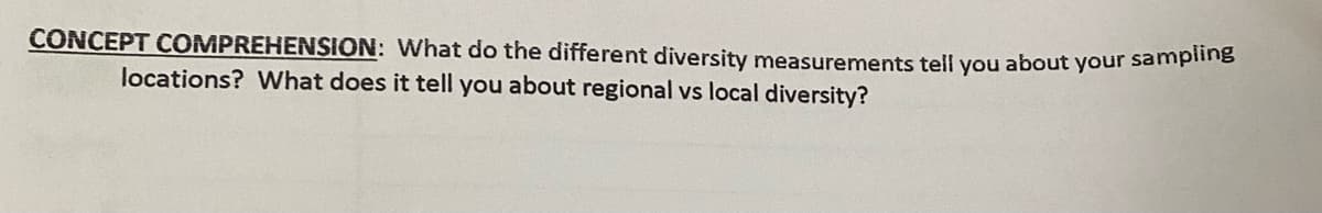 CONCEPT COMPREHENSION: What do the different diversity measurements tell you about your sampling
locations? What does it tell you about regional vs local diversity?