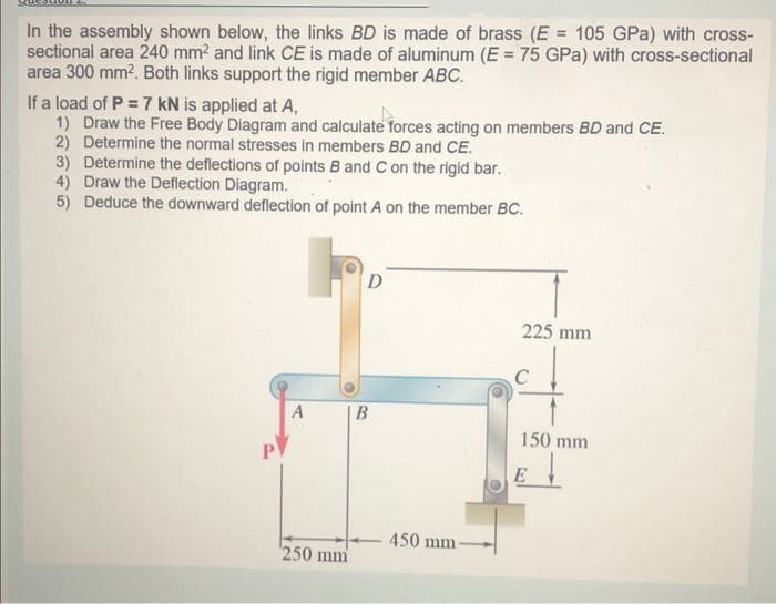 In the assembly shown below, the links BD is made of brass (E = 105 GPa) with cross-
sectional area 240 mm2 and link CE is made of aluminum (E = 75 GPa) with cross-sectional
area 300 mm?. Both links support the rigid member ABC.
If a load of P = 7 kN is applied at A,
1) Draw the Free Body Diagram and calculate forces acting on members BD and CE.
2) Determine the normal stresses in members BD and CE.
3) Determine the deflections of points B and C on the rigid bar.
4) Draw the Deflection Diagram.
5) Deduce the downward deflection of point A on the member BC.
D
225 mm
B
150 mm
P
E
450 mm
250 mm
