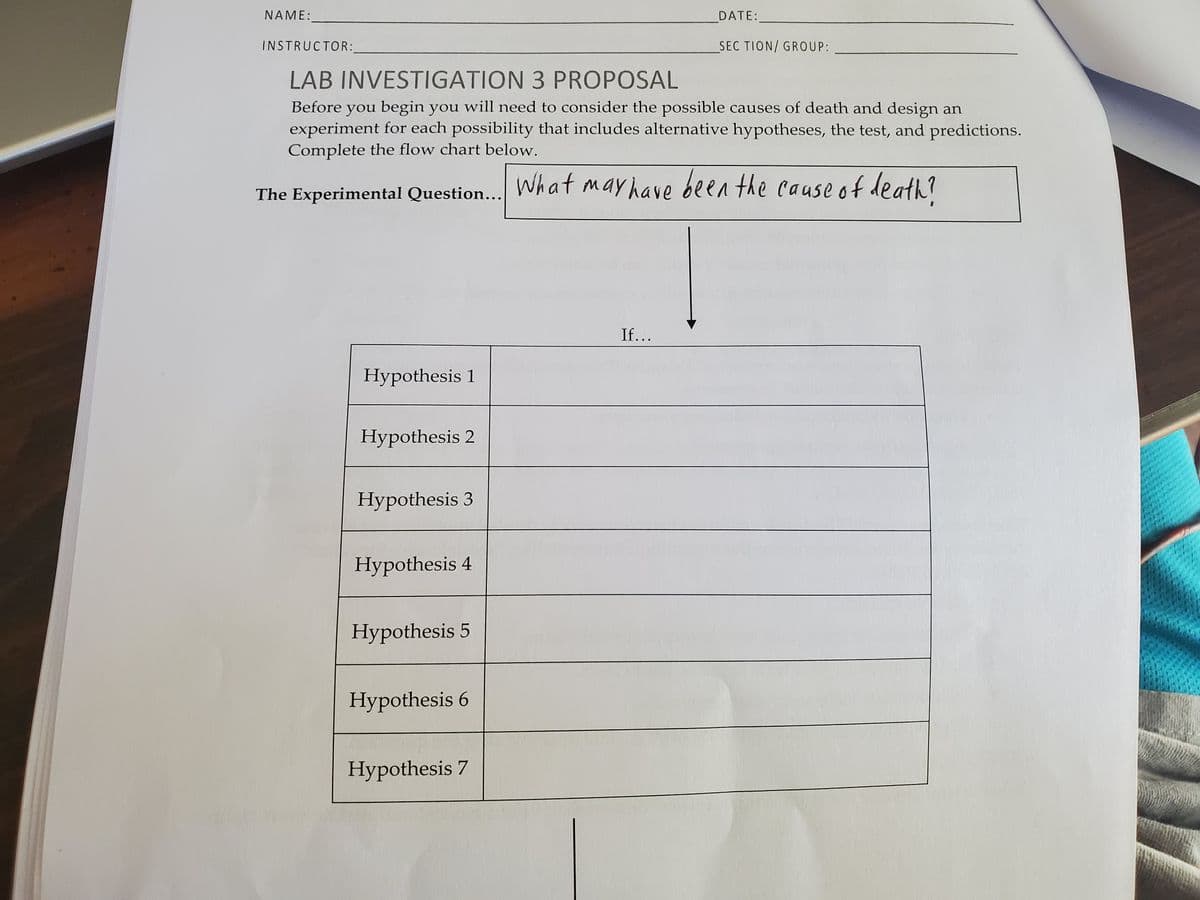 NAME:
Hypothesis 1
INSTRUCTOR:
LAB INVESTIGATION 3 PROPOSAL
Before you begin you will need to consider the possible causes of death and design an
experiment for each possibility that includes alternative hypotheses, the test, and predictions.
Complete the flow chart below.
The Experimental Question... What may have been the cause of death?
Hypothesis 2
Hypothesis 3
Hypothesis 4
Hypothesis 5
Hypothesis 6
Hypothesis 7
DATE:
If...
SEC TION/ GROUP: