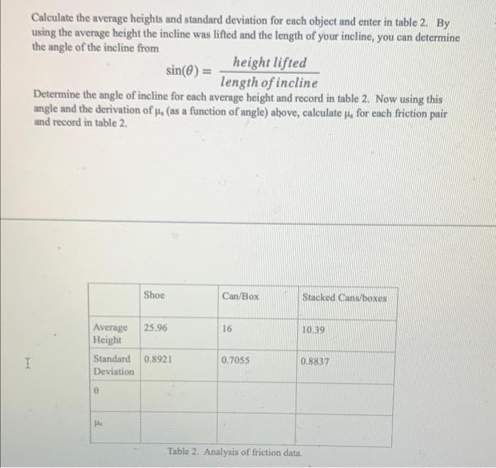 Calculate the average heights and standard deviation for each object and enter in table 2. By
using the average height the incline was lifted and the length of your incline, you can determine
the angle of the incline from
sin(0) =
height lifted
length of incline
Determine the angle of incline for each average height and record in table 2. Now using this
angle and the derivation of μ, (as a function of angle) above, calculate μ, for each friction pair
and record in table 2.
Shoe
Can/Box
Stacked Cans/boxes
Average 25.96
16
10.39
Height
Standard 0.8921
0.7055
0.8837
Deviation
0
Ha
Table 2. Analysis of friction data.
I