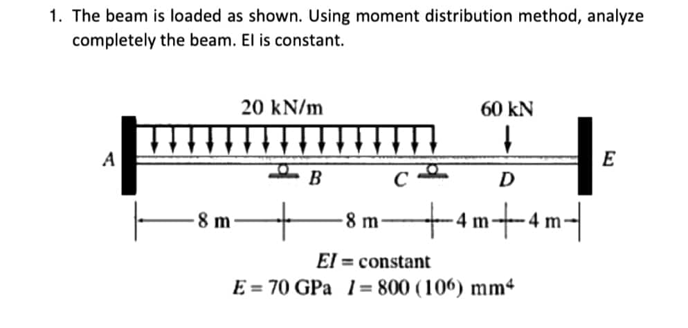 1. The beam is loaded as shown. Using moment distribution method, analyze
completely the beam. El is constant.
20 kN/m
60 kN
↓
A
E
B
D
-8 m
+4m+4
-8 m-
El= constant
E = 70 GPa 1= 800 (106) mm4
4 m