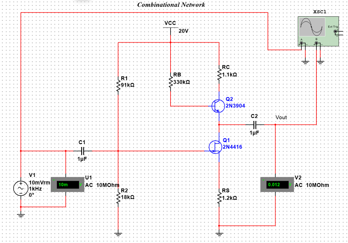 ㅔ
V1
10mVrm
1kHz
0°
10m
C1
카
1μF
R1
>91k2
U1
AC 10MOhm
R2
>18k
Combinational Network
VCC
20V
RB
2330kQ
RC
>1.1k2
Q2
2N3904
Q1
2N4416
RS
1.2ko
t
C2
ㅔ
1μF
Vout
0.012
xsci
Ext Trigl
V2
AC 10MOhm