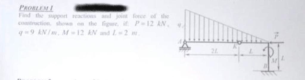 PROBLEM I
Find the support reactions and joint force of the
construction, shown on the figure, if PD12 AN,
q =9 kN/m, M = 12 kN and L 2 m.
2L
