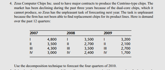 4. Zeus Computer Chips Inc. used to have major contracts to produce the Centrino-type chips. The
market has been declining during the past three years because of the dual-core chips, which it
cannot produce, so Zeus has the unpleasant task of forecasting next year. The task is unpleasant
because the firm has not been able to find replacement chips for its product lines. Here is demand
over the past 12 quarters:
2007
2008
2009
4,800
3,500
4,300
3,000
3,500
2,700
3,500
2,400
3,200
2,100
2,700
1,700
II
II
II
II
II
IV
IV
IV
Use the decomposition technique to forecast the four quarters of 2010.
