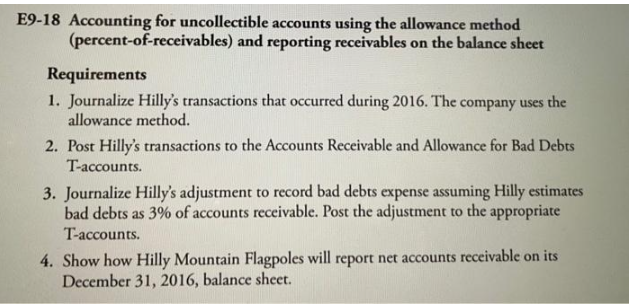 E9-18 Accounting for uncollectible accounts using the allowance method
(percent-of-receivables) and reporting receivables on the balance sheet
Requirements
1. Journalize Hilly's transactions that occurred during 2016. The company uses the
allowance method.
2. Post Hilly's transactions to the Accounts Receivable and Allowance for Bad Debts
T-accounts.
3. Journalize Hilly's adjustment to record bad debts expense assuming Hilly estimates
bad debts as 3% of accounts receivable. Post the adjustment to the appropriate
T-accounts.
4. Show how Hilly Mountain Flagpoles will report net accounts receivable on its
December 31, 2016, balance sheet.