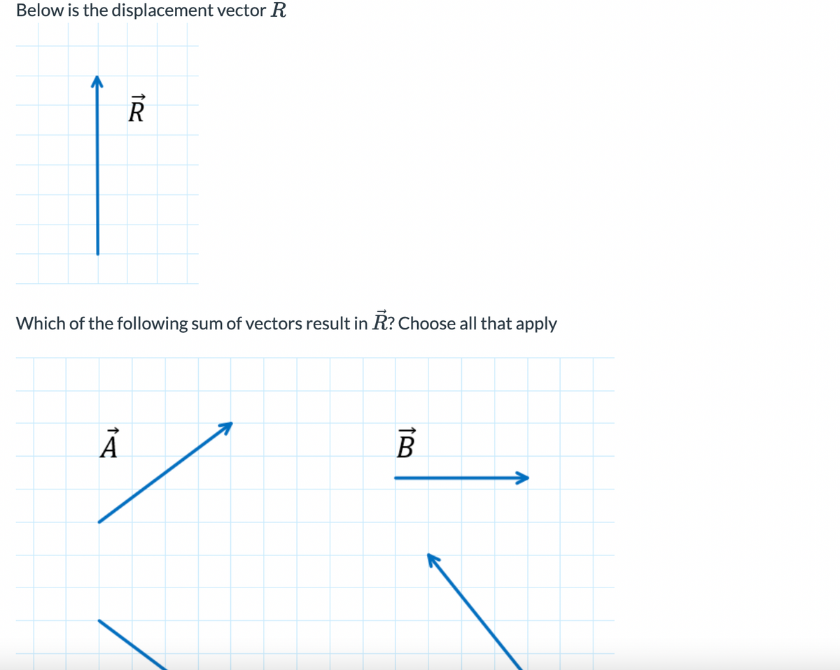 Below is the displacement vector R
|
TR
Which of the following sum of vectors result in R? Choose all that apply
A
13
B