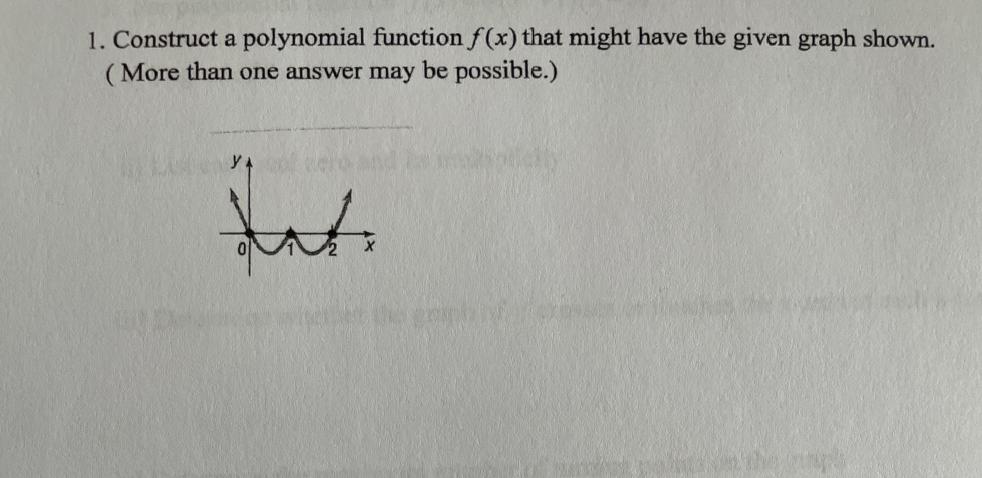 1. Construct a polynomial function f(x) that might have the given graph shown.
( More than one answer may be possible.)
y A
