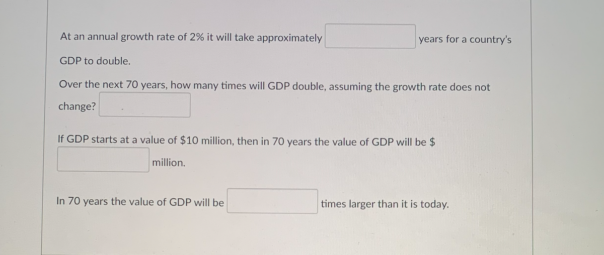 At an annual growth rate of 2% it will take approximately
years for a country's
GDP to double.
Over the next 70 years, how many times will GDP double, assuming the growth rate does not
change?
If GDP starts at a value of $10 million, then in 70 years the value of GDP will be $
million.
In 70 years the value of GDP will be
times larger than it is today.
