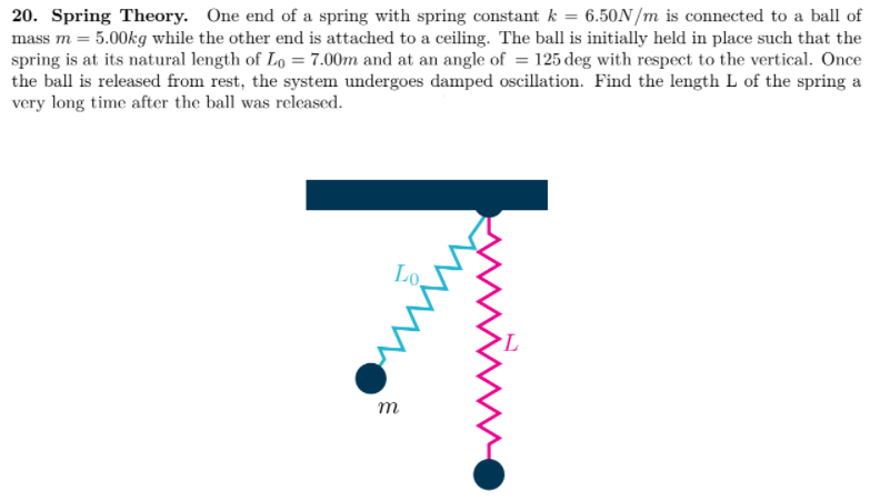 20. Spring Theory. One end of a spring with spring constant k = 6.50N/m is connected to a ball of
mass m = 5.00kg while the other end is attached to a ceiling. The ball is initially held in place such that the
spring is at its natural length of Lo = 7.00m and at an angle of = 125 deg with respect to the vertical. Once
the ball is released from rest, the system undergoes damped oscillation. Find the length L of the spring a
very long time after the ball was released.
Lo.
m
