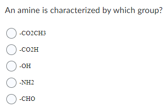 An amine is characterized by which group?
O-CO2CH3
O-CO2H
O-OH
O-NH2
O -CHO