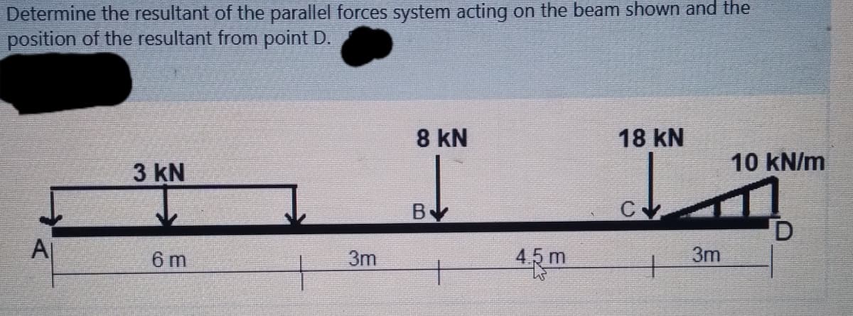 Determine the resultant of the parallel forces system acting on the beam shown and the
position of the resultant from point D.
8 kN
18 kN
3 KN
10 kN/m
Aj
6 m
3m
45m
3m

