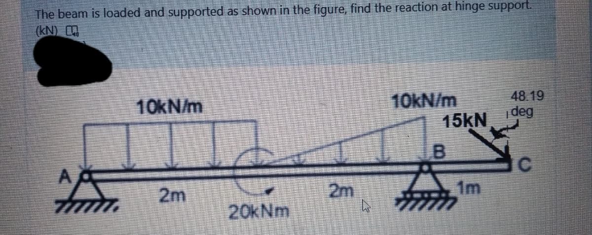 The beam is loaded and supported as shown in the figure, find the reaction at hinge support.
(kN)
10KN/m
15KN
48 19
deg
10KN/m
2m
2m
1m
20kNm
