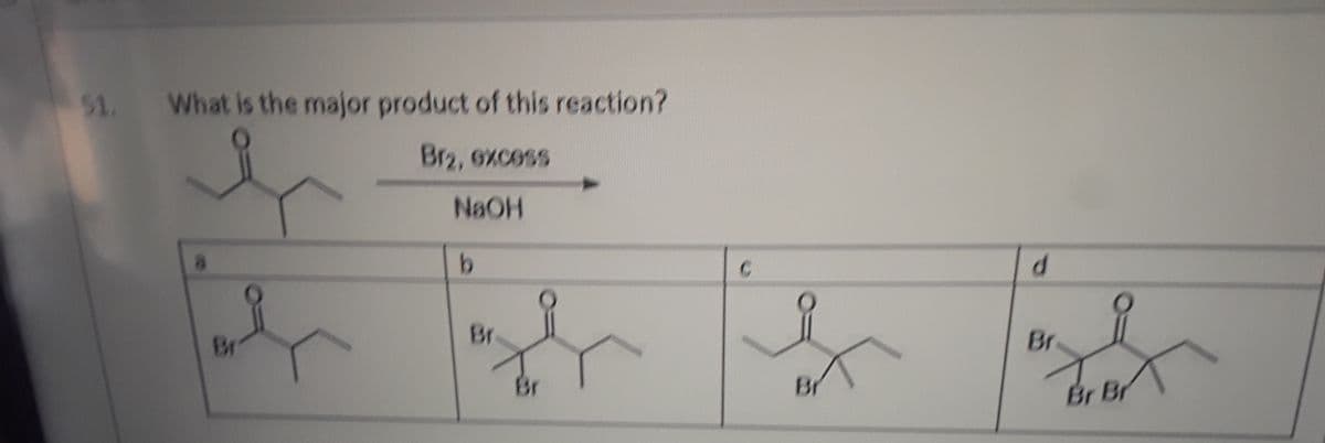 51. What is the major product of this reaction?
Br2, 0Xcess
NaOH
Br.
Br
Br
Br
Br Br
