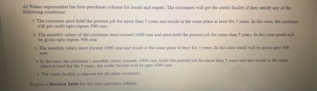 Al Watan supermarket has hire-purchases scheme for locals and expats. The customers will get the credit facility if they satisfy any of the
following conditions:
1. The customer must hold the present job for more than 5 years and reside in the same place at least for 3 years. In this case, the customer
will get credit upto rupees 300 omr.
2. The monthly salary of the customer must exceed 1000 omr and must hold the present job for more than 5 years. In this case credit will
be given upto rupees 500 omr.
3. The monthly salary must exceed 1000 omr and reside at the same place at least for 3 years. In this case credit will be given upto 500
omr.
4. In the case, the customer's monthly salary exceeds 1000 omr, holds the present job for more than 5 years and also reside in the same
place at least for the 3 years, the credit facility will be upto 1000 omr
5 The credit facility is rejected for all other customers.
Prepare a Decision Table for this hire- purchase scheme.
