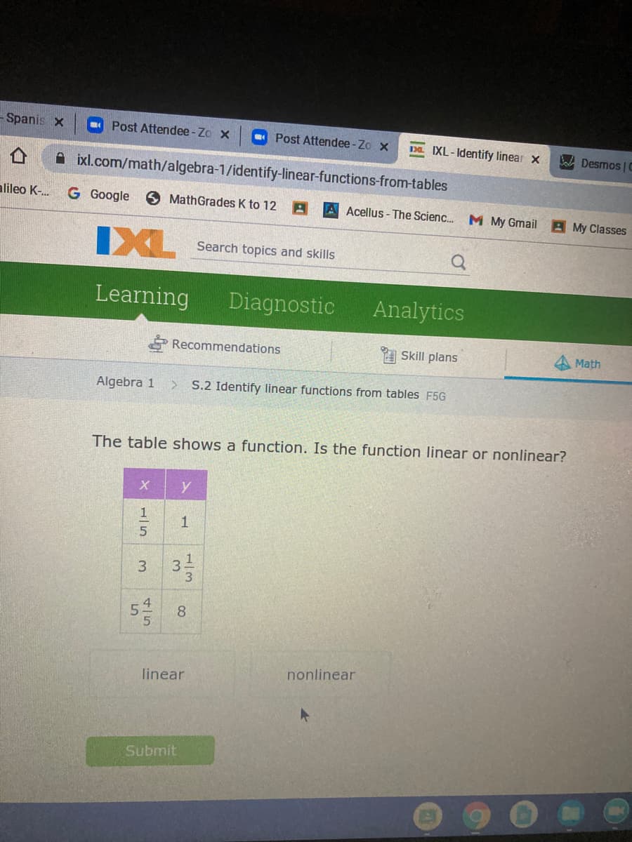 - Spanis x
Post Attendee - Zo x
Post Attendee - Zo x
D. IXL-Identify linear x
Desmos | C
A ixl.com/math/algebra-1/identify-linear-functions-from-tables
alileo K-.
G Google
6 MathGrades K to 12
A Acellus- The Scienc. M My Gmail
A My Classes
IXL
Search topics and skills
Learning
Diagnostic
Analytics
Recommendations
A Skill plans
Math
Algebra 1
S.2 Identify linear functions from tables F5G
The table shows a function. Is the function linear or nonlinear?
1
3.
3.
8
nonlinear
linear
Submit
