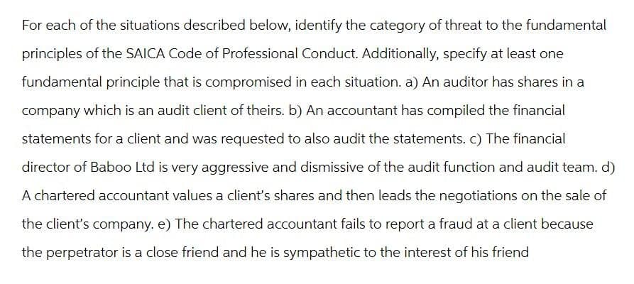 For each of the situations described below, identify the category of threat to the fundamental
principles of the SAICA Code of Professional Conduct. Additionally, specify at least one
fundamental principle that is compromised in each situation. a) An auditor has shares in a
company which is an audit client of theirs. b) An accountant has compiled the financial
statements for a client and was requested to also audit the statements. c) The financial
director of Baboo Ltd is very aggressive and dismissive of the audit function and audit team. d)
A chartered accountant values a client's shares and then leads the negotiations on the sale of
the client's company. e) The chartered accountant fails to report a fraud at a client because
the perpetrator is a close friend and he is sympathetic to the interest of his friend
