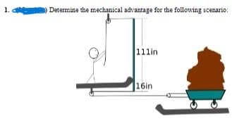1.) Determine the mechanical advantage for the following scenario:
111in
16in
