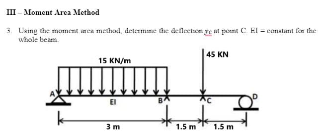 III – Moment Area Method
3. Using the moment area method, determine the deflection yc at point C. EI = constant for the
whole beam.
45 KN
15 KN/m
El
B
k
3 m
1.5 m
1.5 m
