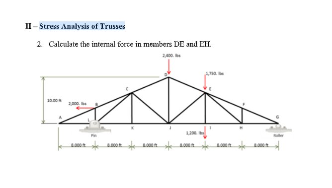 II - Stress Analysis of Trusses
2. Calculate the internal force in members DE and EH.
2,400. Ibs
1,750. Ibs
10.00 ft
2,000. Ibs
H
1,200. Ibs
Pin
Roller
8.000 k 4.000ft.
