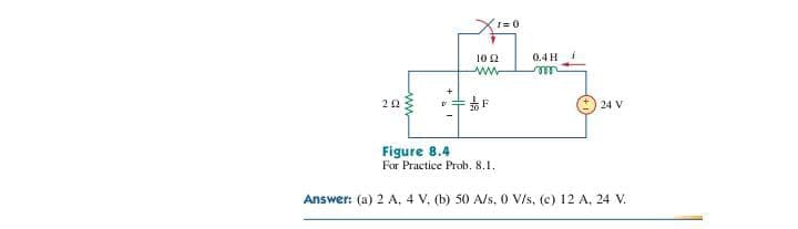 292
X₁=1
10 £2
wwww
F
Figure 8.4
For Practice Prob. 8.1.
0.4 H
mon
24 V
Answer: (a) 2 A, 4 V. (b) 50 A/s, 0 V/s, (c) 12 A, 24 V.