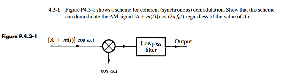 Figure P.4.3-1
4.3-1 Figure P4.3-1 shows a scheme for coherent (synchronous) demodulation. Show that this scheme
can demodulate the AM signal [A + m(t)] cos (2лfct) regardless of the value of A>
[A + m(t)] cos wat
8-1
cos wet
Lowpass
filter
Output