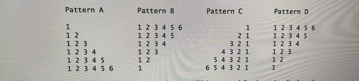 Pattern A
Pattern B
Pattern C
Pattern D
1.
1 2
123
123 4
1 2 3 45
1 2 3 45 6
12345 6
12345
1234
123
1 2
12345 6
1 2 3 4 5
1 2 3 4
123
1 2
1
2 1
321
4 3 2 1
5 4 3 2 1
6 5 4 3 2 1
1
