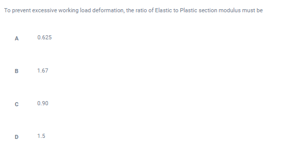 To prevent excessive working load deformation, the ratio of Elastic to Plastic section modulus must be
A
0.625
1.67
0.90
1.5

